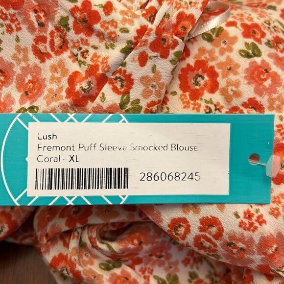 Lush coral floral Fremont puff sleeve smock blouse Size XL New - Picture 9 of 11